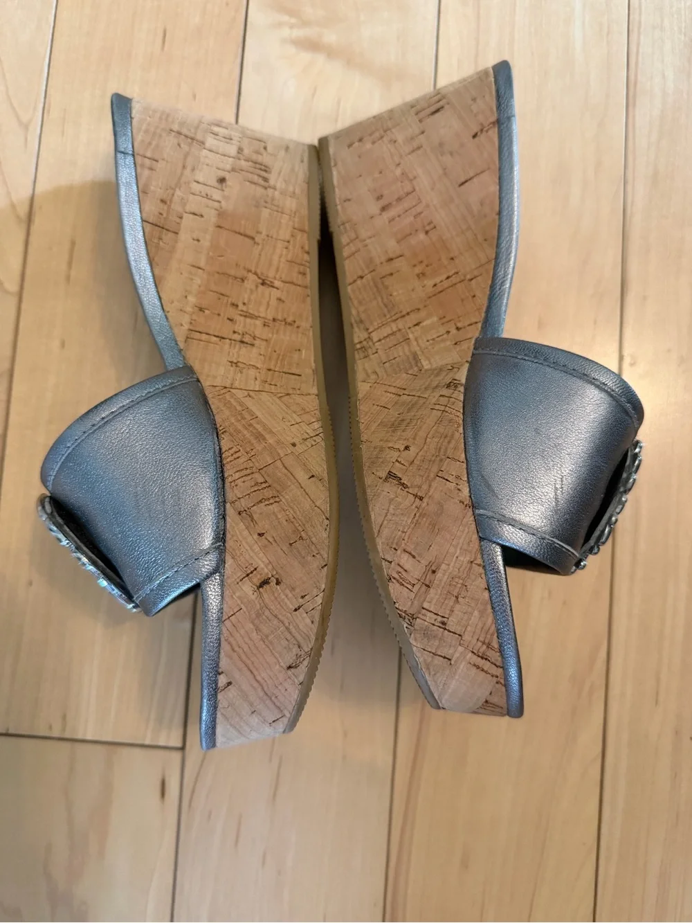 Vintage Coach Metallic Silver Slide Sandals with Signature Medallions